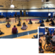 2 images. Photo 1: 14 middle school students sit on a gym floor 6 feet from each other with backs turned to the camera. They are looking at Coach Akeem in wheelchair and Coach Wes single legged amputee while they present. Photo 2: Middle school studetns sit in sport wheelchairs focused on Coach Wes.