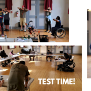 3 photos in a collage. The top photo: an instructor shows a group of seven adults students the proper archery stance. All have their arms bent with fists together at the chest. Some are sitting, some are standing. One student is using a wheelchair. Photo 2: a man stands with a mask on holding a red recurve bow. Photo 3: students sit at tables with heads looking down at paper while taking a test. text reads "Test Time!"