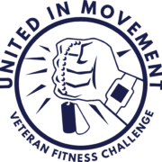Veteran Fitness Challenge Logo fist holding dog tags with a fitbit on wrist. United in Movement around top of logo