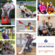 collage of Bridge 2 Sports girl and women athletes playing wheelchair basketball, archery, kayaking, boccia, cycling and posing with medals. The woman in the middle top ride a recument trike.
